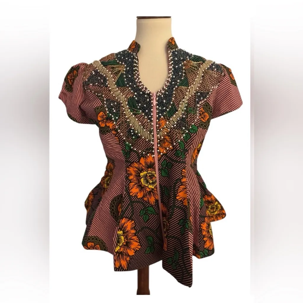 Ankara Short Sleeve Vibrant Multicolor Handmade Peplum Top size Large - Image 2