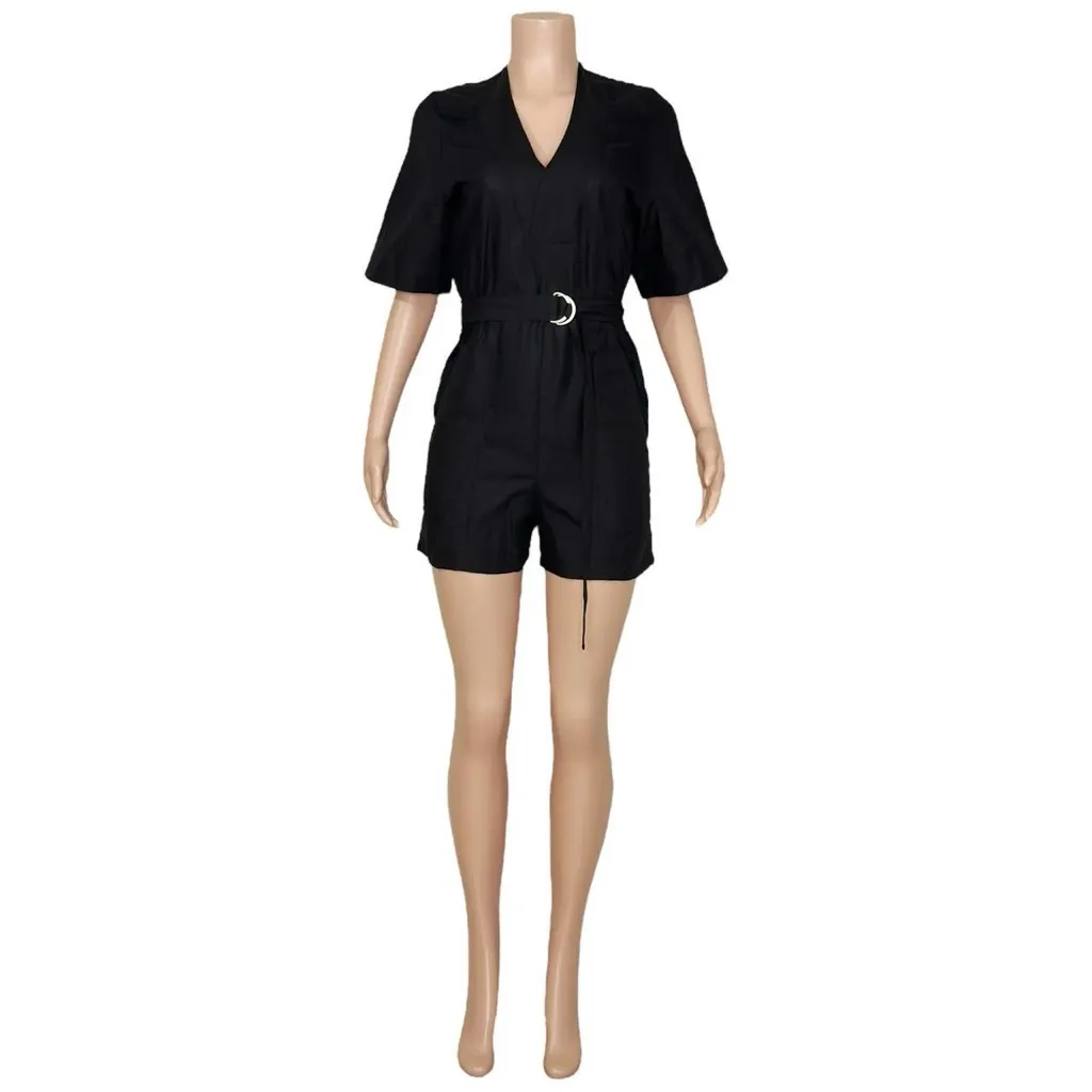 COS V-Neck Linen-Blend Belted Romper, Black, 4 (US) - Image 12