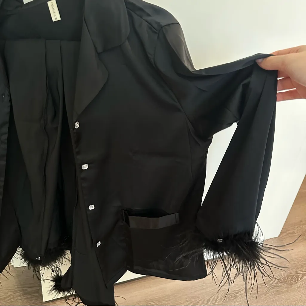 Luxury Black Feather Trim Pajama Set Size M - Image 3