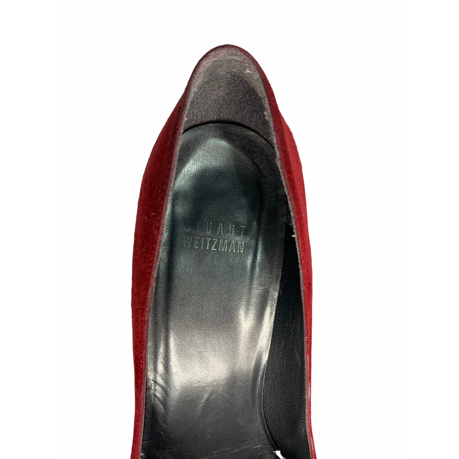 Stuart Weitzman peep toe maroon suade patent heel‎ - Image 5