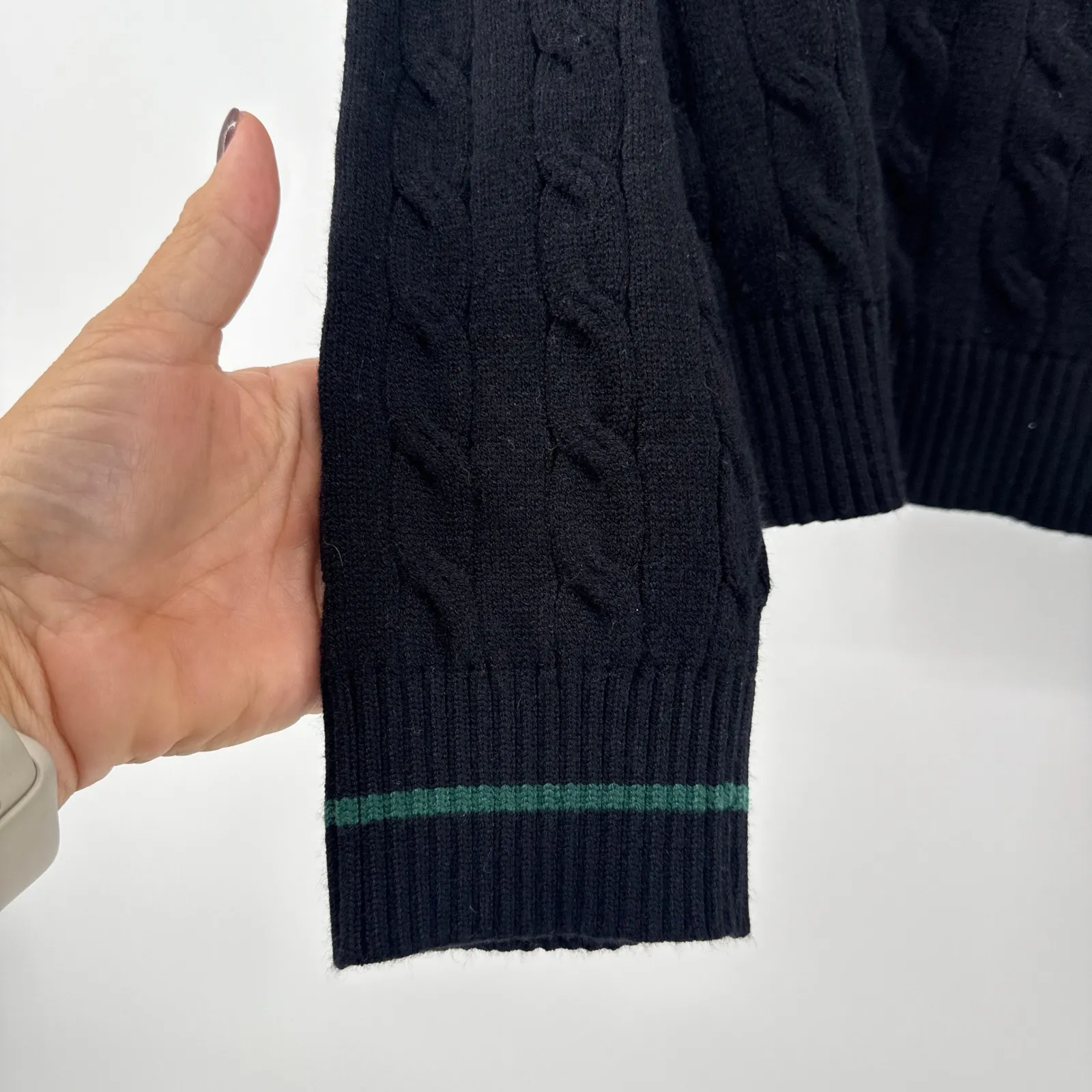 Stella Tweed Cable Knit Boston Pullover Sweater Large Black Green Collegiate MA - Image 5