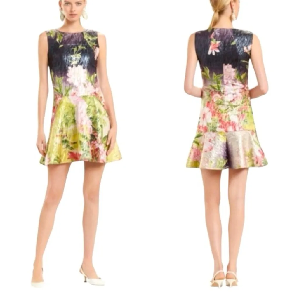 NATORI Birds Of Paradise Jacquard Shimmer Metallic Drop Waist Dress Size 10 NEW - Image 3