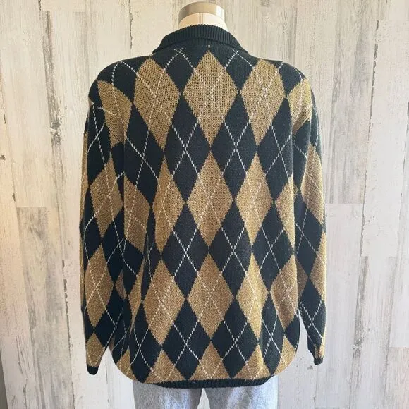 Vintage Argyle Knit Sweater Medium Preppy Classic Academia‎ Black - Image 4