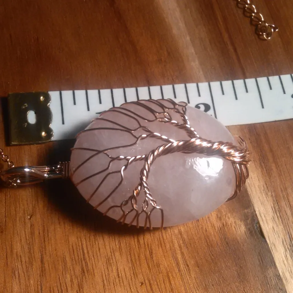 Rose Quartz Tree of Life Brass Pendant Stainless Steel Necklace - Image 5
