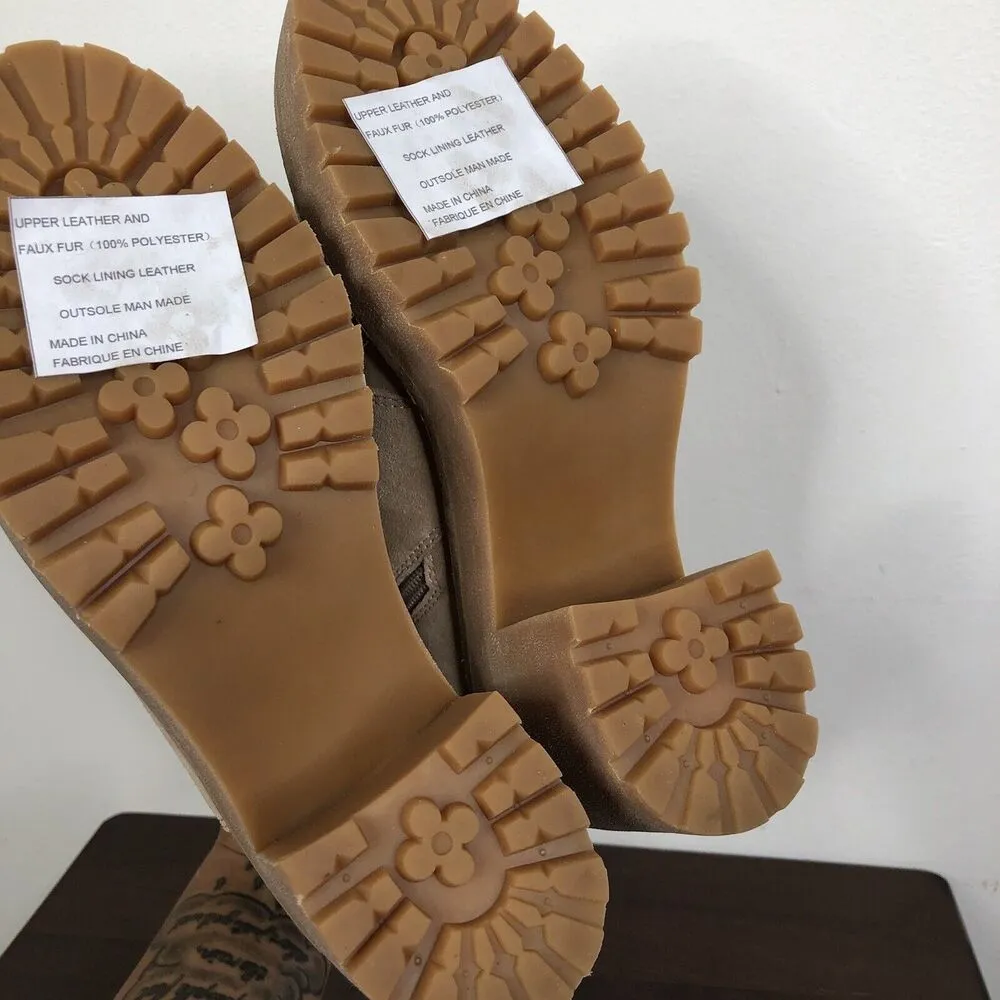 NEW Jeffrey Campbell O What Faux Fur Trim Lace-Up Leather Boot Taupe US 8.5M - Image 7