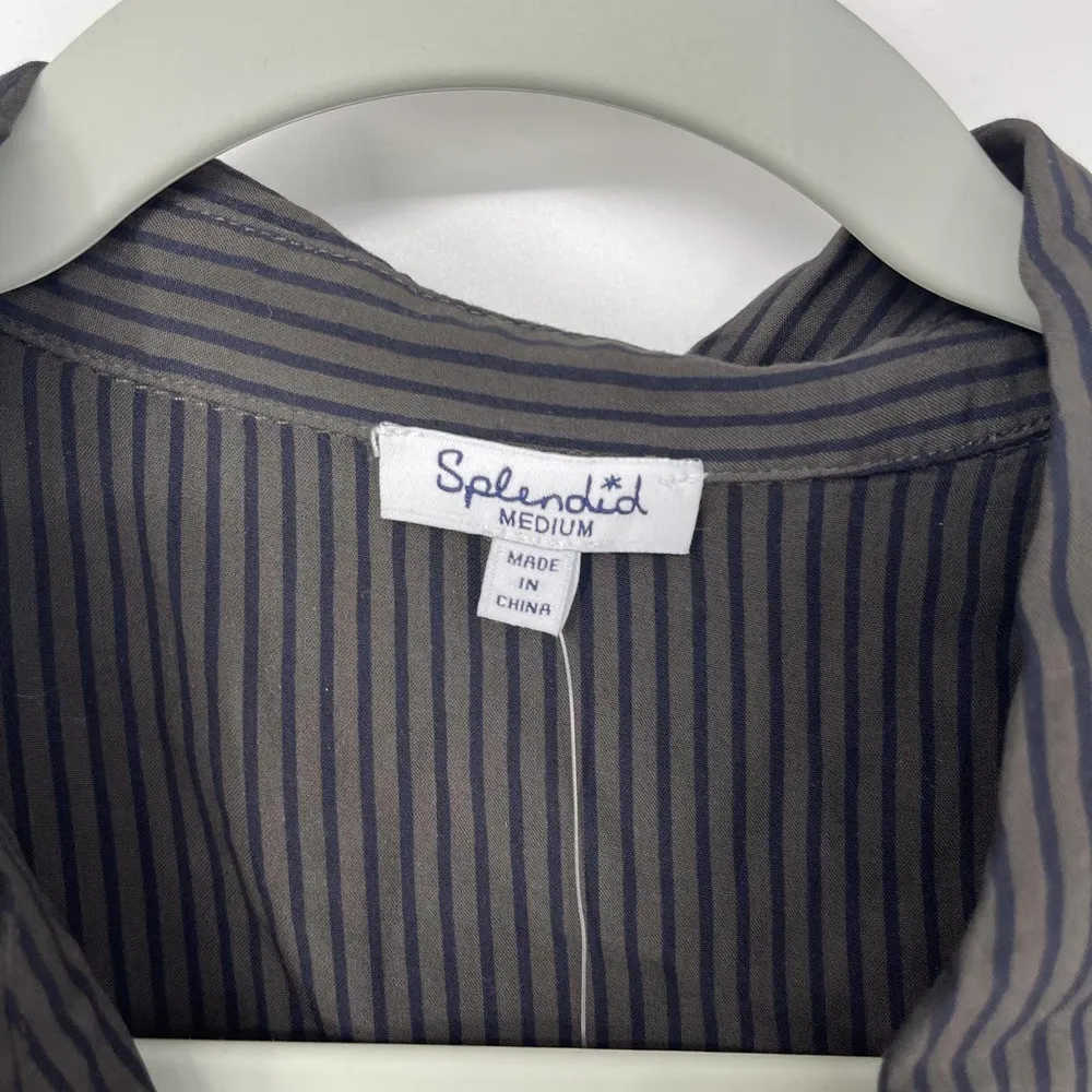Splendid  CHOCOLATE WITH BLACK STRIPES LIGHTWEIGHT BUTTON DOWN TOP MEDIUM - Image 3