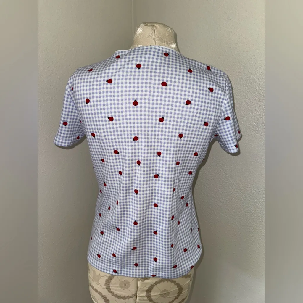 Karen Scott Women’s Ladybug Printed Red Blue and White Scoop-Neck Top-Size PM - Image 7