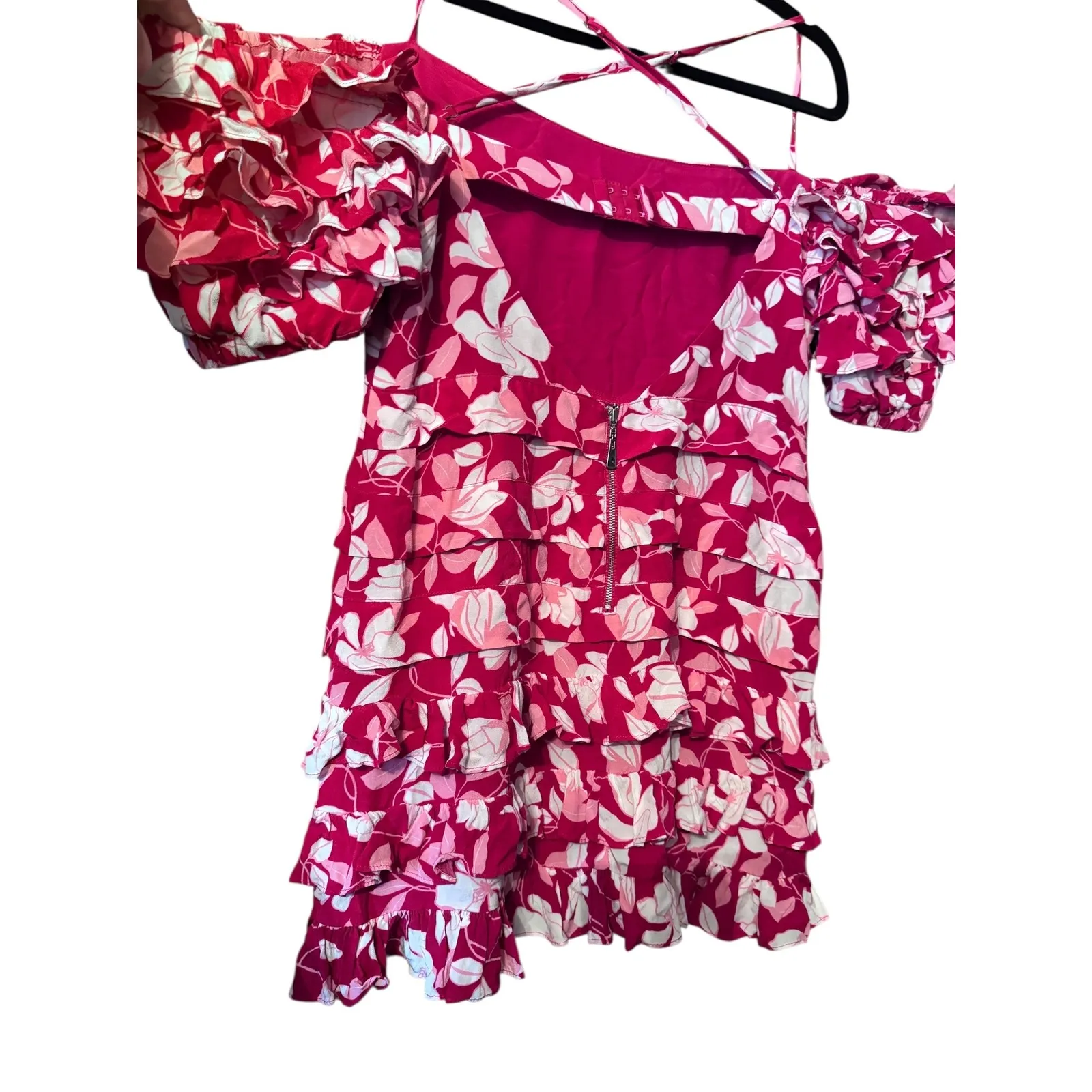 NBD X Naven Red Floral Print Dress Ruffle Off Shoulder Mini Sun Dress - Image 4
