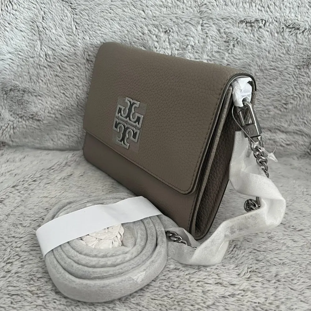 Tory Burch Britten Chain Moose Pebbled Leather Handbag Wallet Purse - Image 3