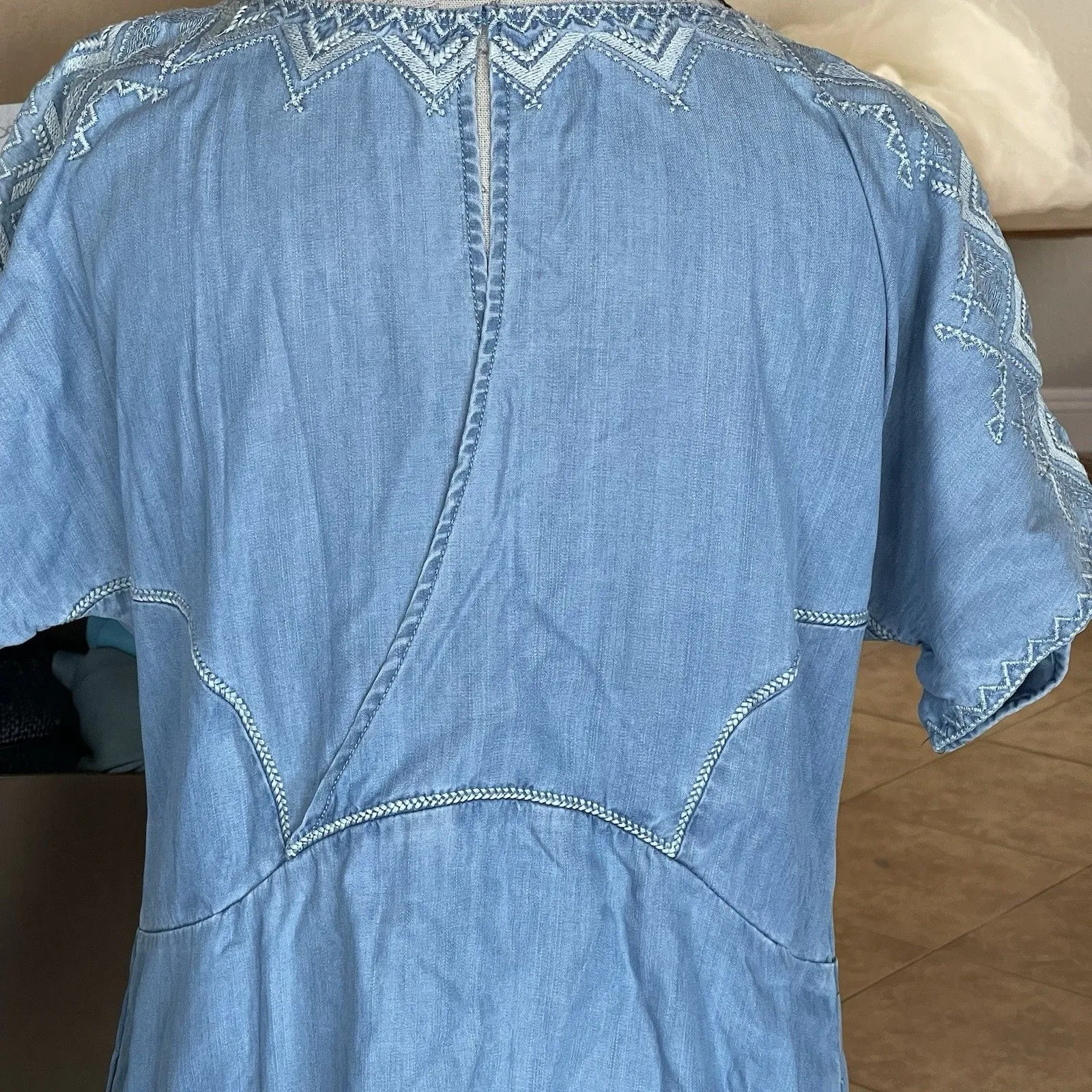 Holding Horses Dress Anthropologie Sz Small Chambray Embroidered Western Rodeo - Image 9