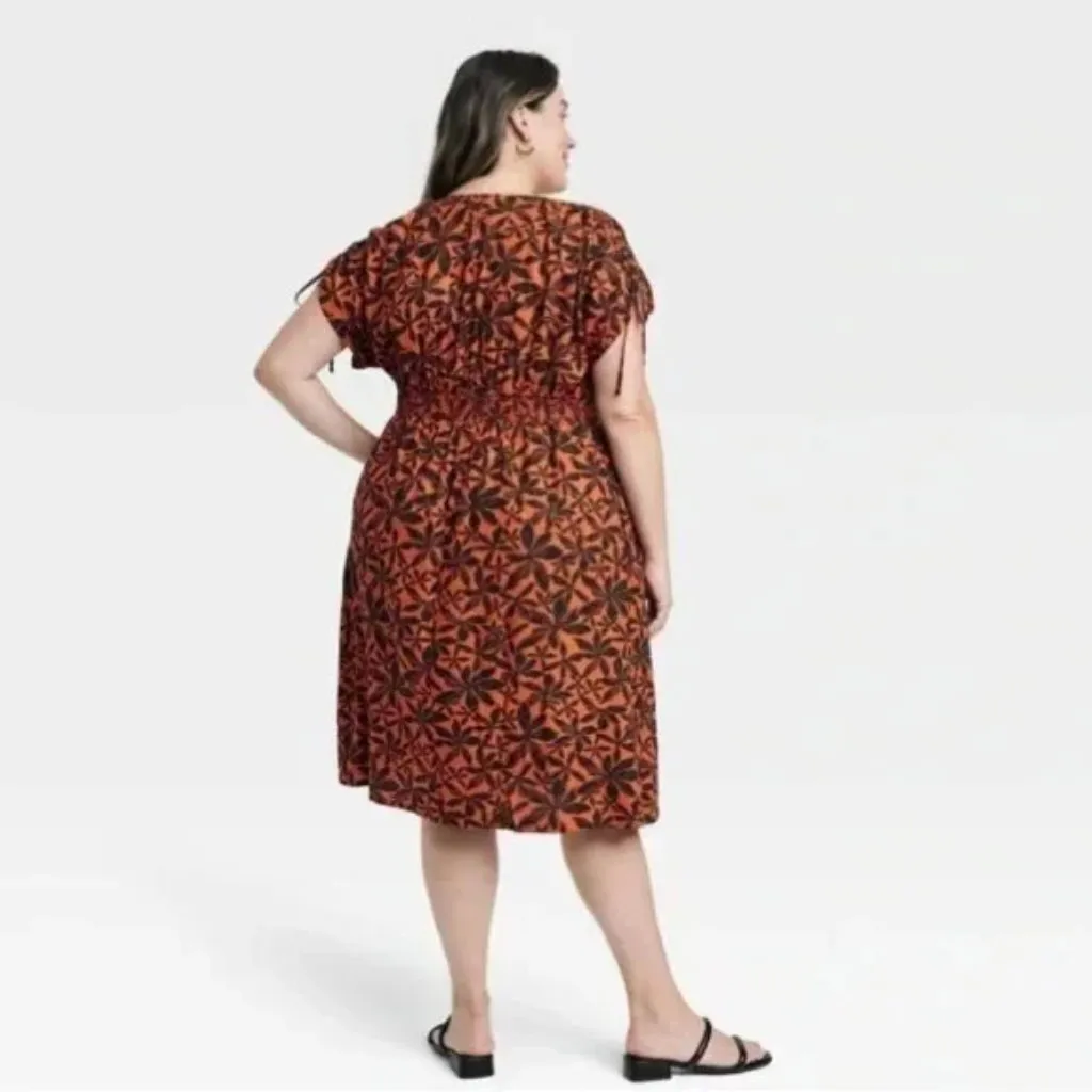 Ava & Viv Plus Size Red Orange Black Floral Dolman Short Sleeve Midi Dress - Image 2