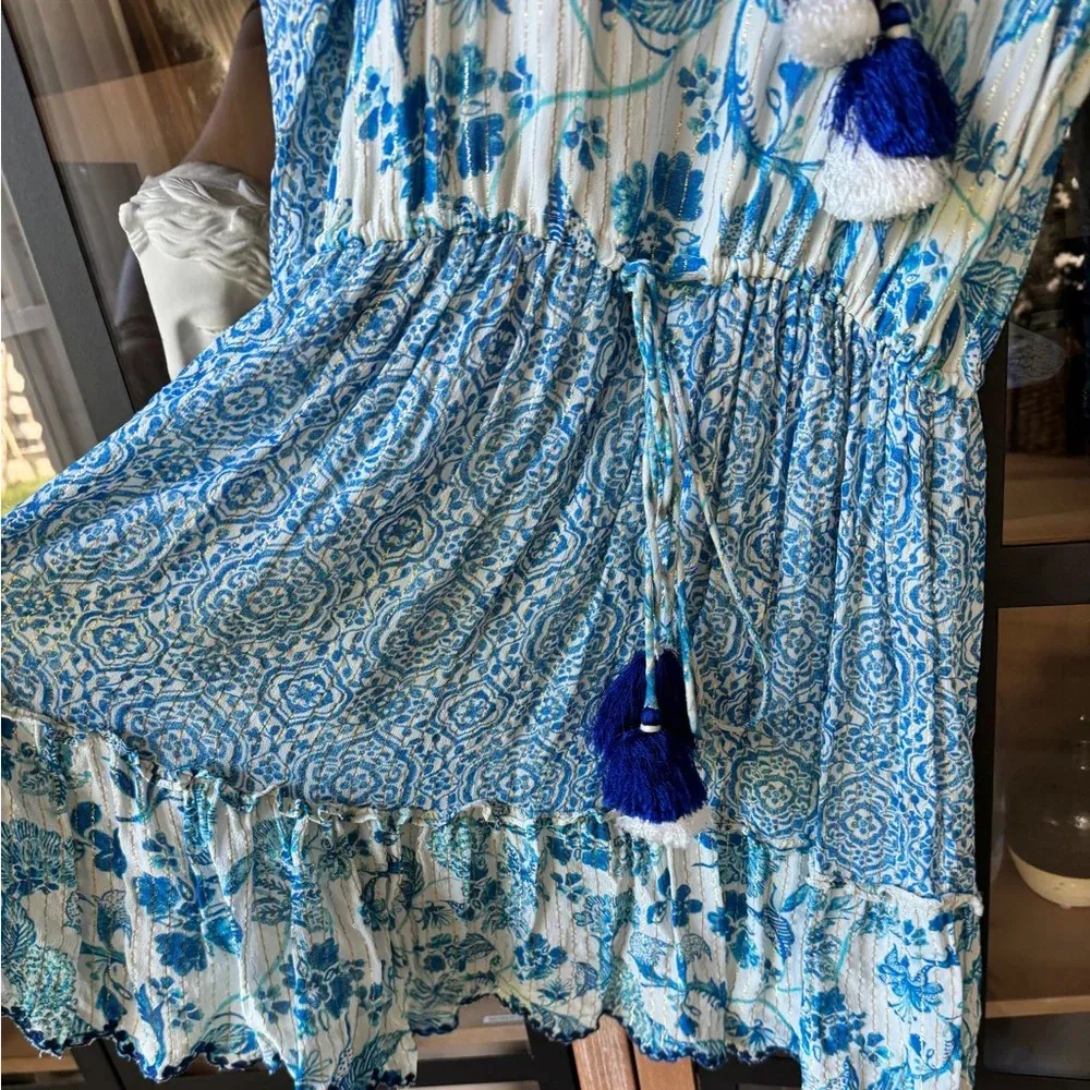 Hemant & Nandita Kaiyo Blue Floral Mini Dress long sleeve metallic tassels tie - Image 4