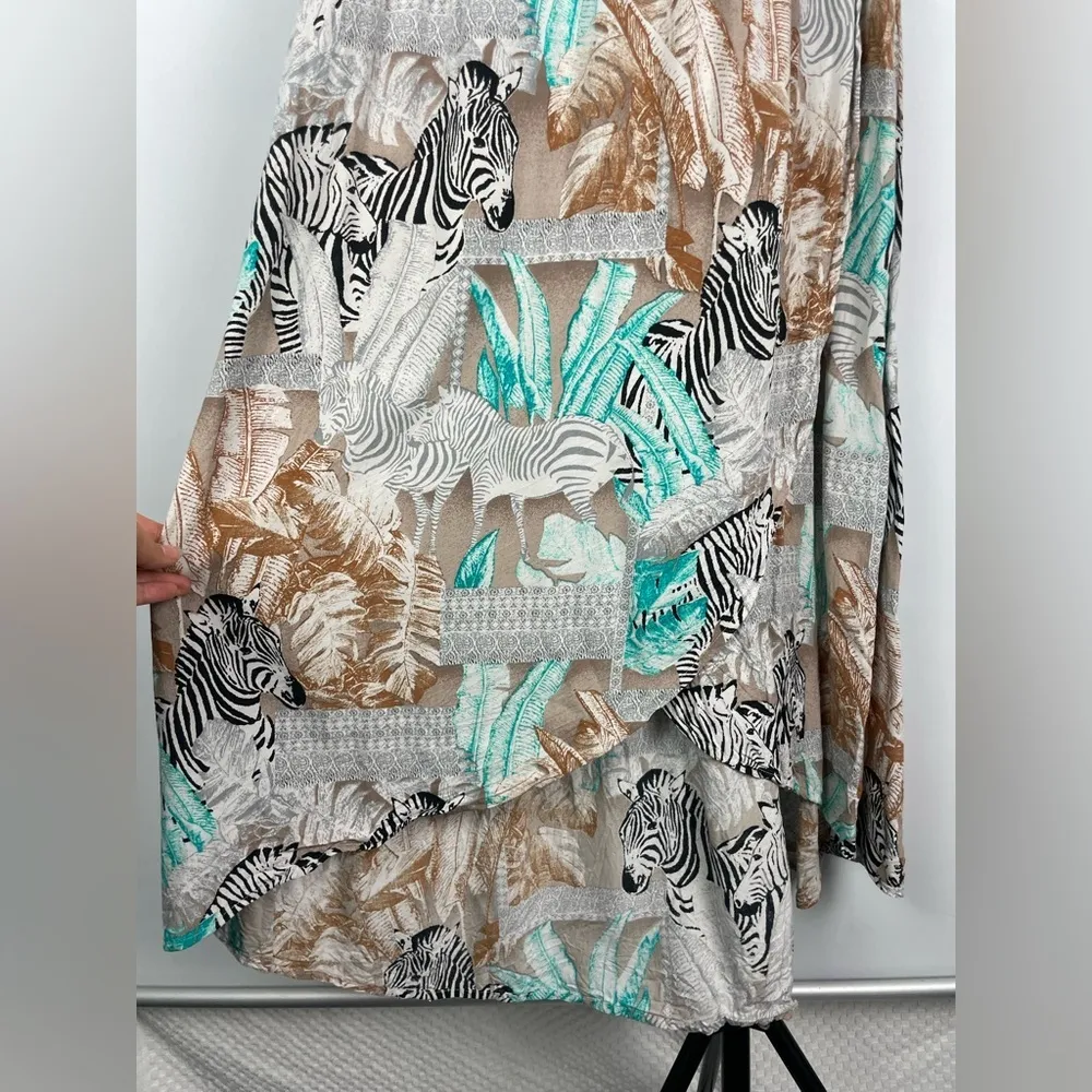 Two by Vince‎ Camuto Tribal Beat Safari Zebra High Low Faux Wrap Midi Dress Blue - Image 3