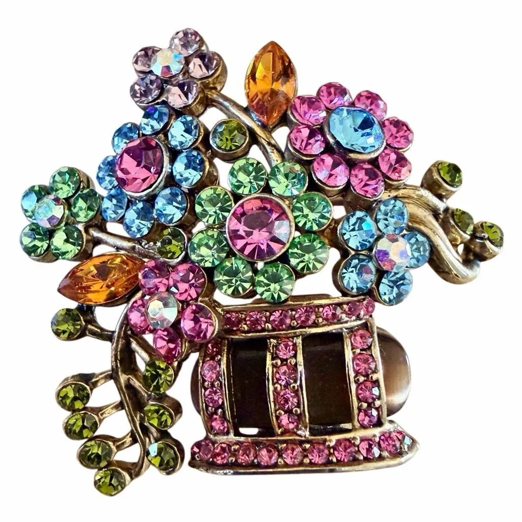 Colorful Rhinestone Flower Basket Brooch - Image 8