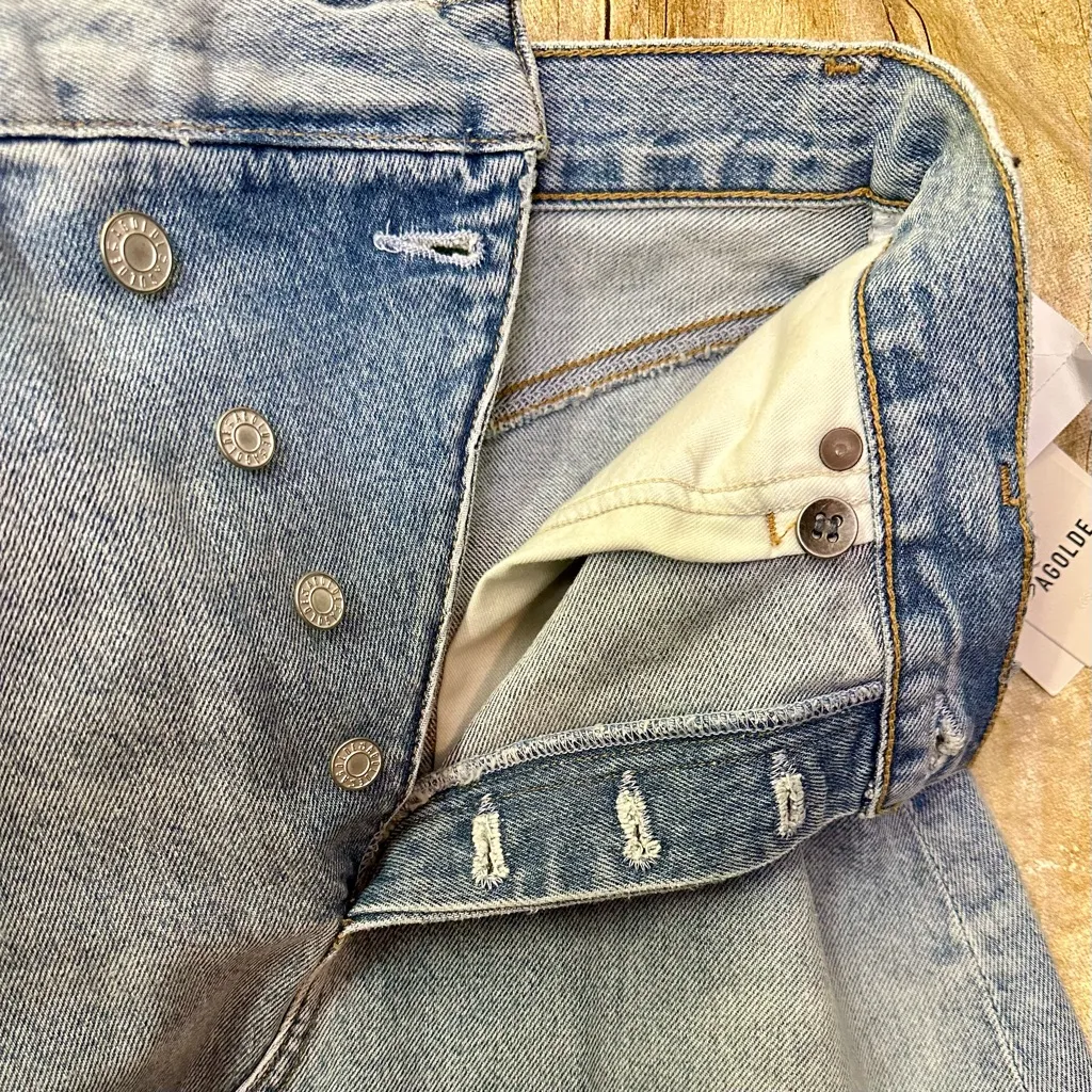 NWT Agolde Criss Cross Jean Mini Skirt Distressed Light Blue Frayed Hem Denim - Image 9