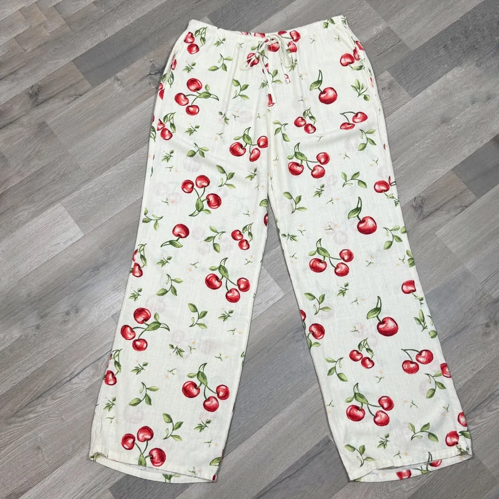 Angel Kiss Cherries Print Linen Blend Wide Leg Palazzo Pants Cream Red Large - Image 3