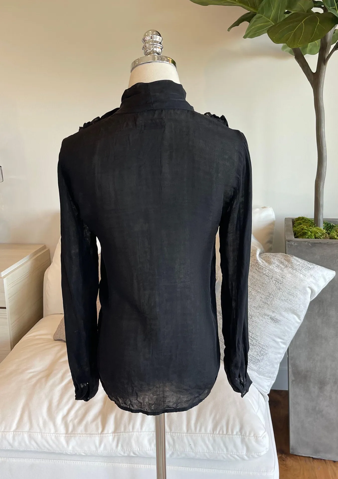 Frame  Silk Chiffon Black Ruffle Blouse with Neck Tie  - Image 6