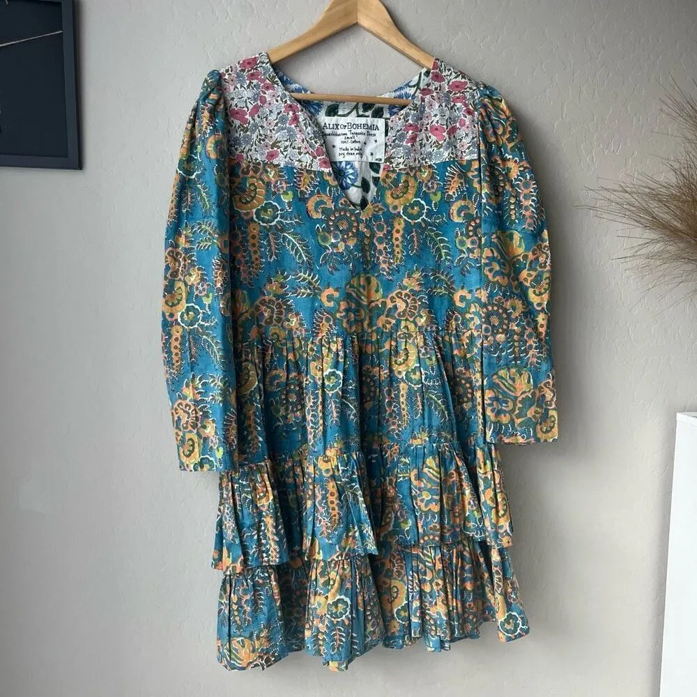 Alix of Bohemia Squash Blossom Turquoise Print Tiered‎ Mini Dress Size Small Blue - Image 2