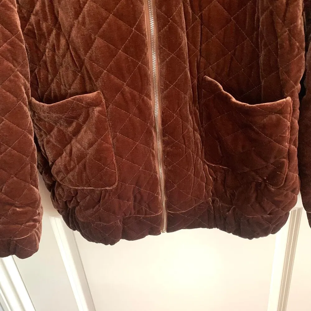 Cider Oversized Velour Zip Up Quilted Coat in Brown - Image 8