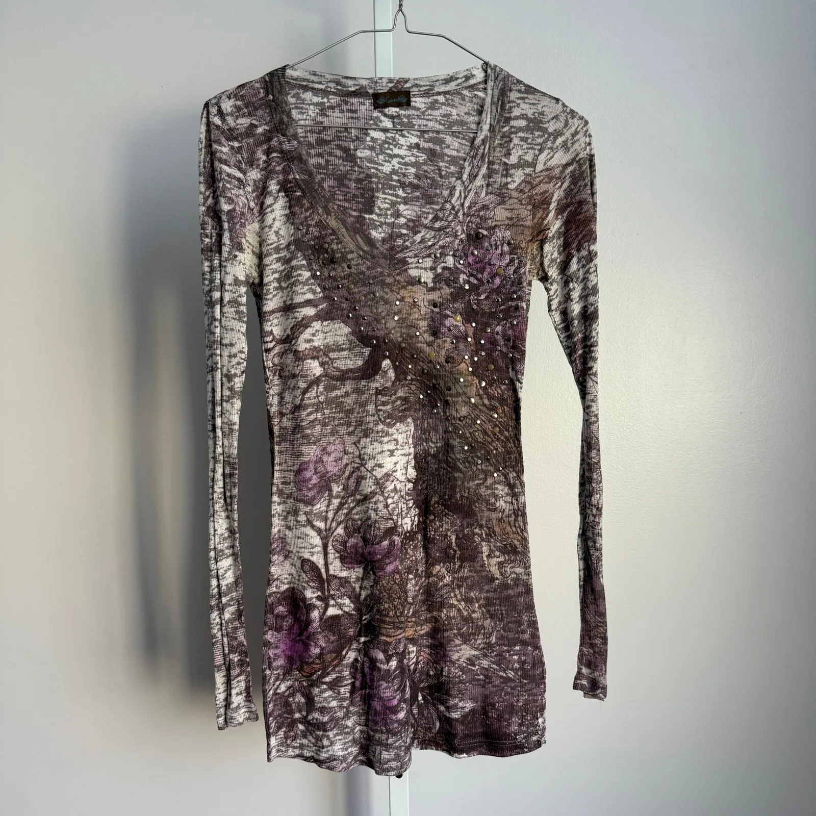 Gavriel LA VTG Y2K Bling Baby Tee‎ Floral Rhinestone Long Sleeve Top Medium Purple - Image 2