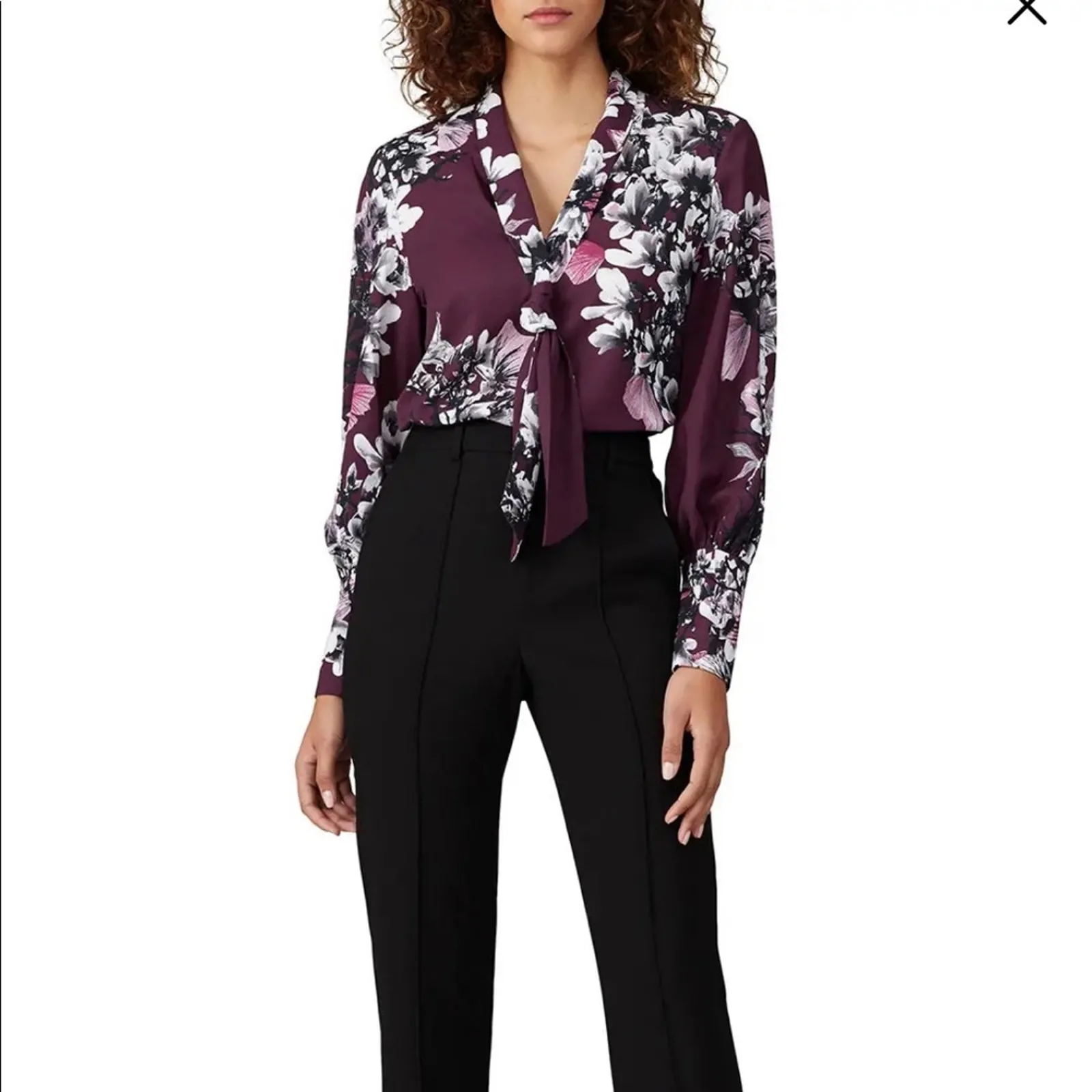Natori Purple Floral Neck Tie Button Down Blouse - Image 3