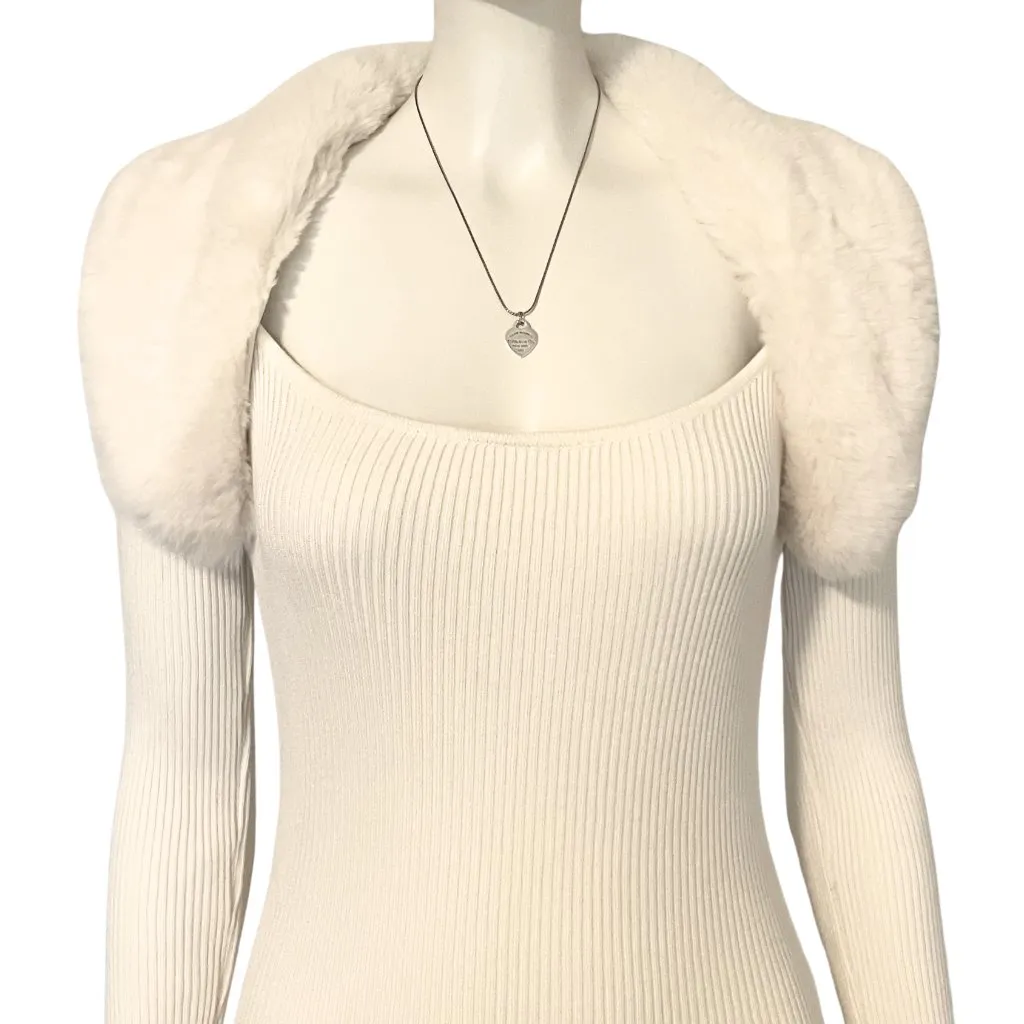 Vintage Y2K Cream Sweater Dress Faux Fur Trim Midi Bodycon S/M Off White McBling - Image 12