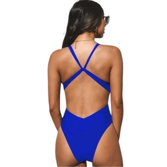 NEW Cupshe Vibrant Blue Plunge High Leg Swimsuit Beach Tropical Resort Size S - Image 4