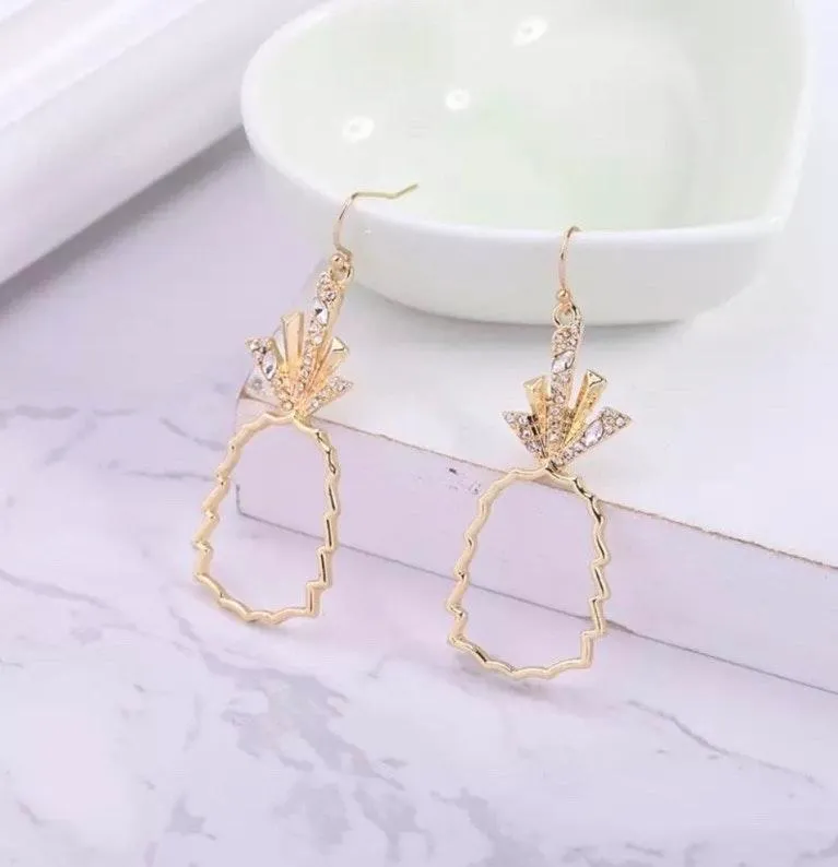Crystal Pineapple Fruit Dangle Earrings Gold - Image 3