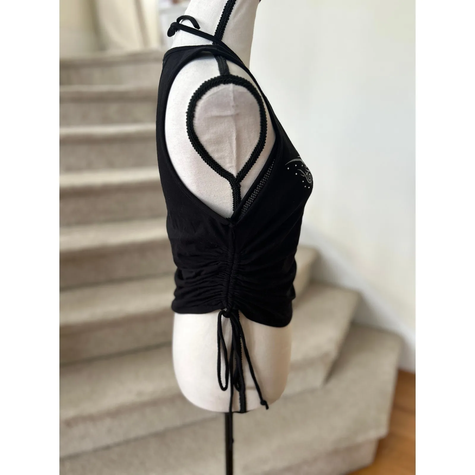 Hot Topic Black Ruched Mesh Halter Rhinestone Heart Moto Graphic Tank Top - Image 2