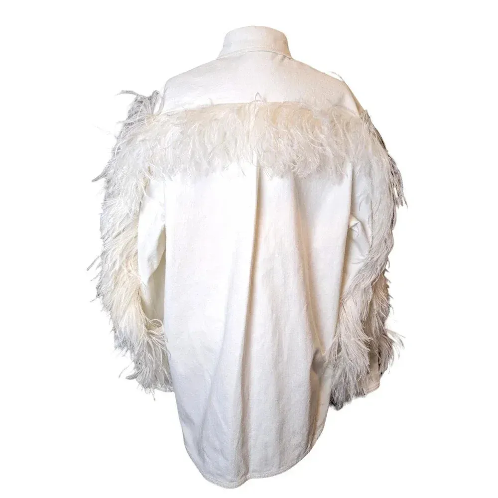David Koma Ostrich Feather Oversized Denim Jacket Dress Bridal bachelorette White Size 10 - Image 4