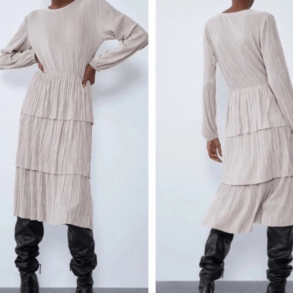 Zara champagne gold pleated long sleeve tiered midi dress. - Image 6