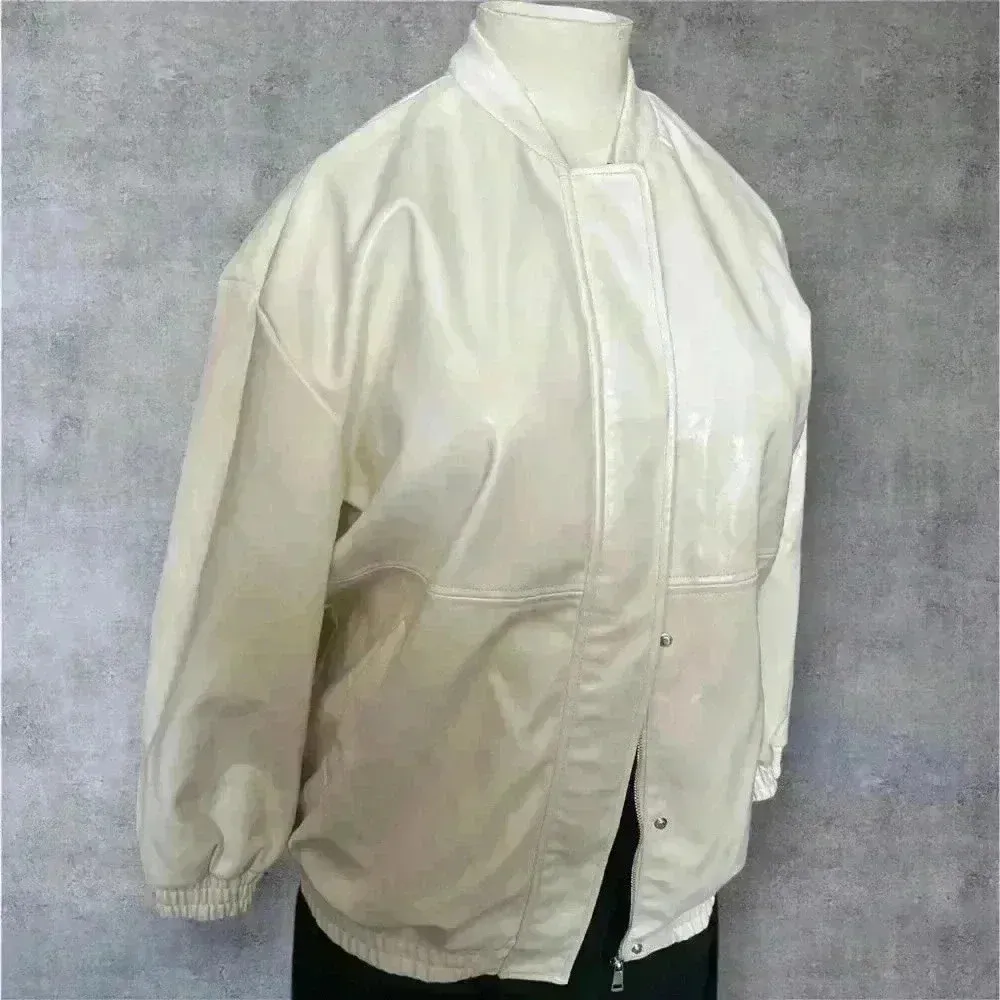 Maeve by Anthropologie ivory women's Oversized Faux Leather Bomber Jacket size L - Image 6