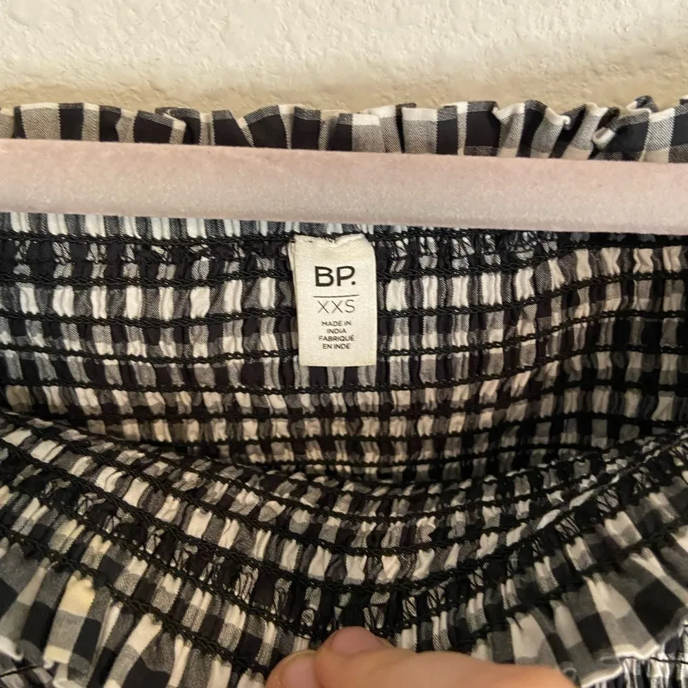 BP Smocked Off The Shoulder Bell Sleeve Lexi Black White Gingham Mini Dress - Image 3