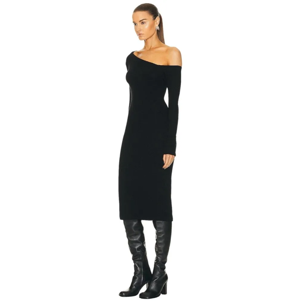 Enza Costa Knit One Shoulder Dress in Black Large New Womens Midi - Image 4