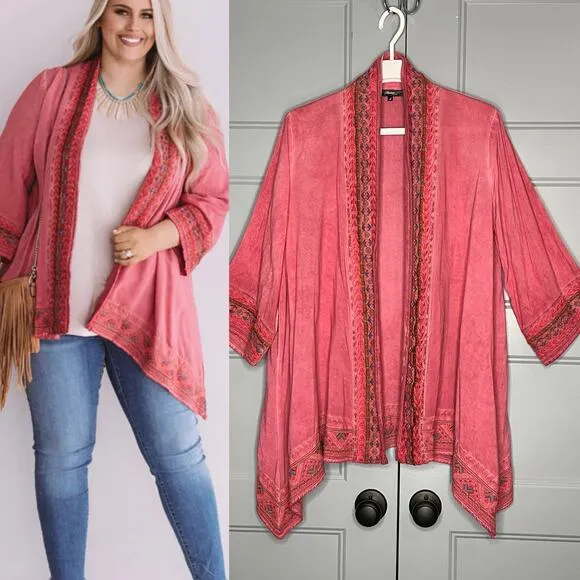 Andree by Unit  Pink Open Front Kimono Topper Embroidered Trim Size Large - Image 2