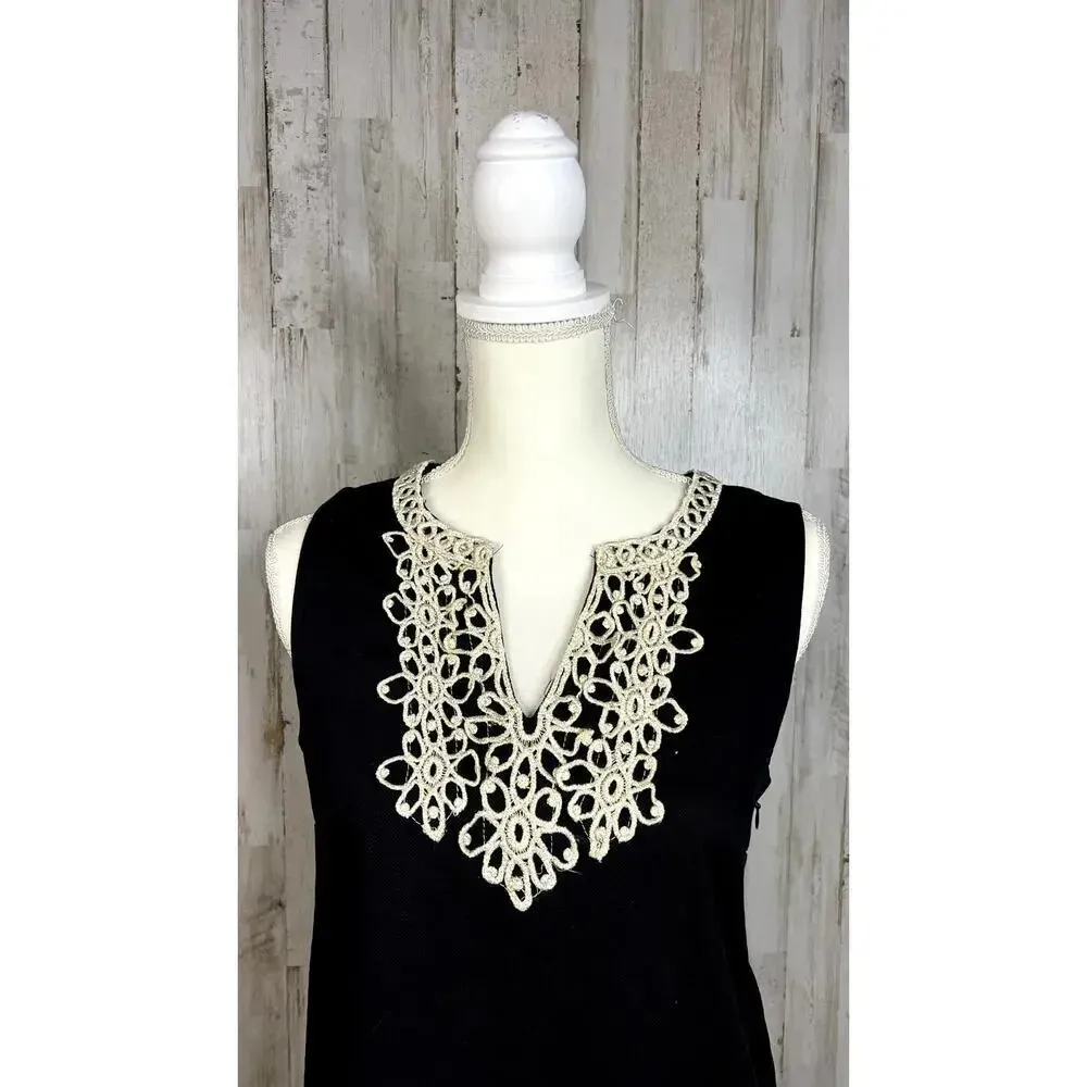 Mudpie Women's Medium Black Shift Dress w/‎ Gold Lace Trim Sleeveless V-Neck - Image 4