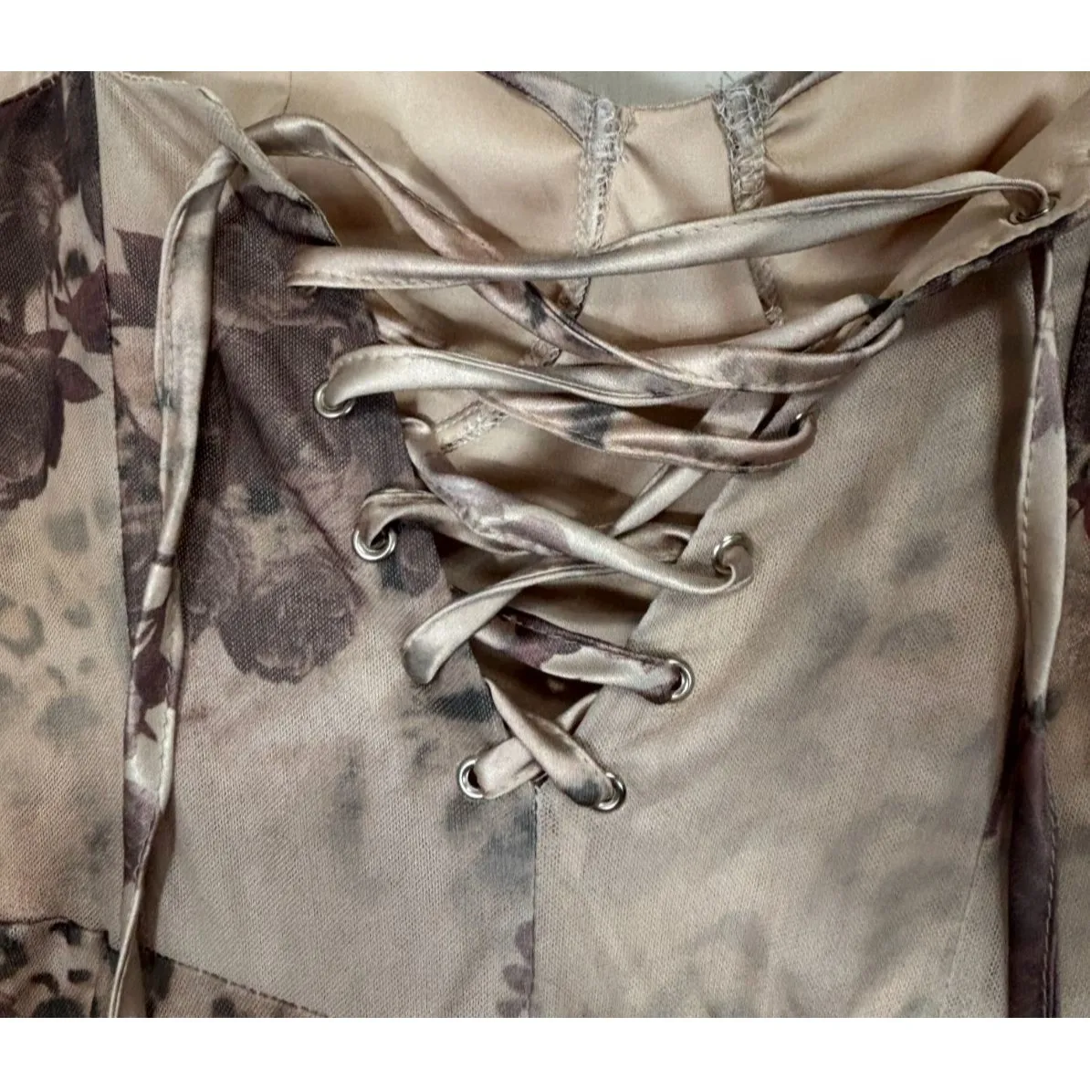 Bodycon Maxi Dress Womens L Cream Floral Mesh Lace Up Y2K Prom Wedding Party Size L - Image 11