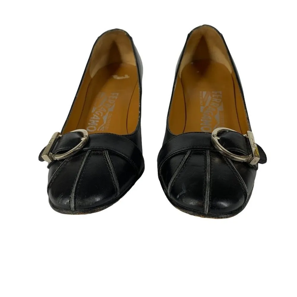 SALVATORE FERRAGAMO Black Leather Round Toe Low Heel Pumps Size 4.5 B Heels - Image 5