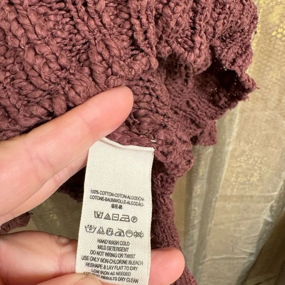 Free People Maroon Boho Chunky Open Knit Bell Sleeve Sweater Oversized XS - Image 8