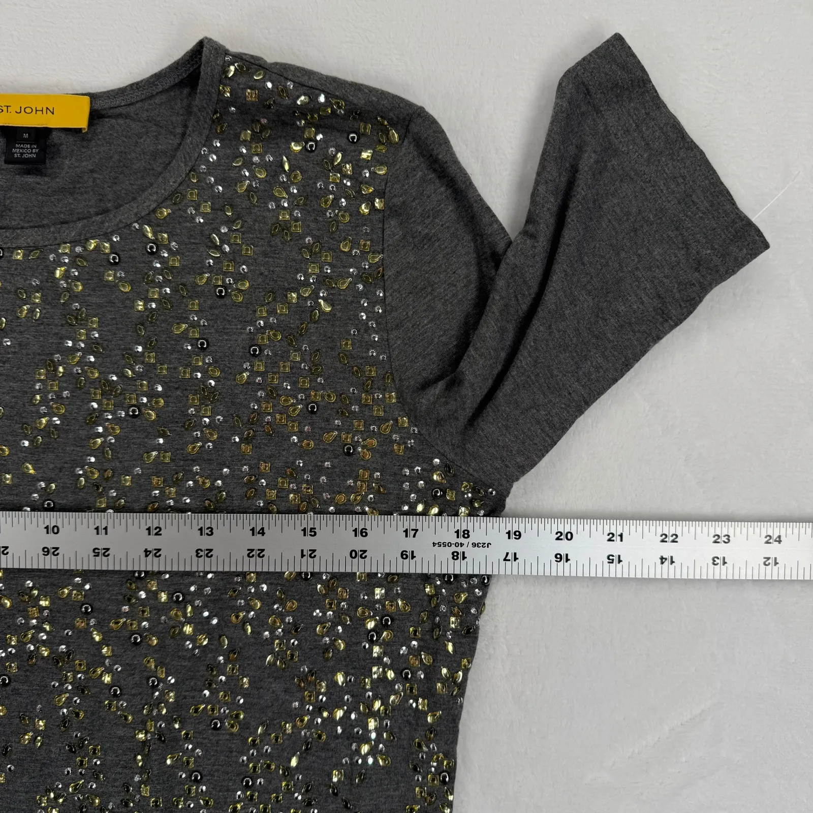 St John Gray Sequin Embellished 3/4 Sleeve Top Women Size M - Image 2