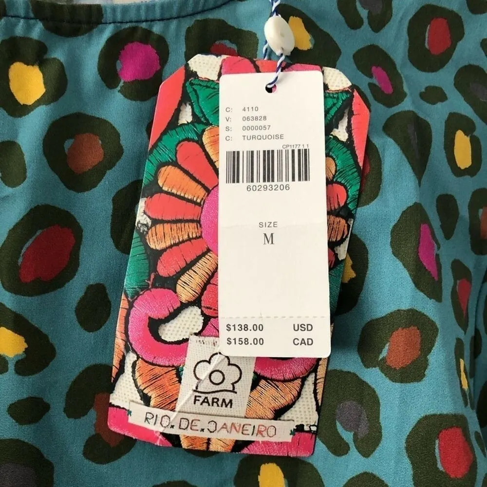 Anthropologie x Farm Rio Hanya Puff Sleeve Blouse Turquoise Colorful Leopard NEW - Image 4