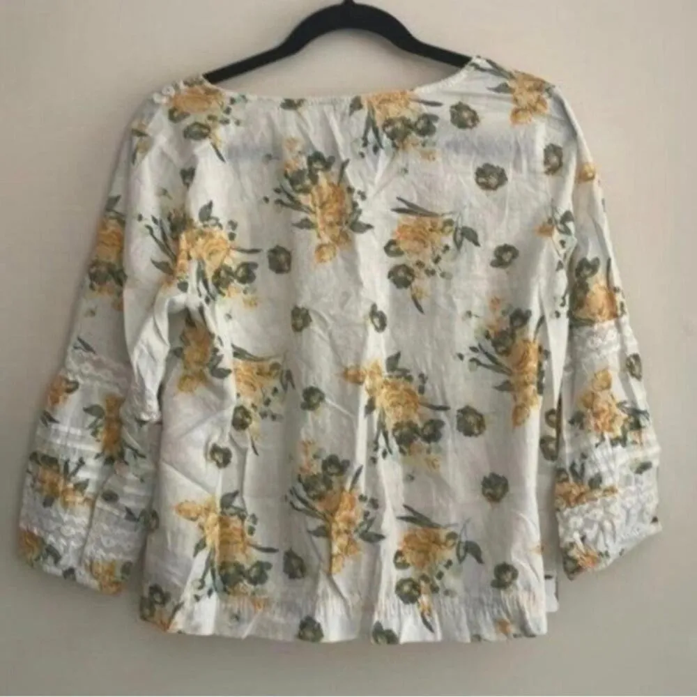 True Craft White and Yellow Floral Print Lace Trim Blouse Shirt - Image 7