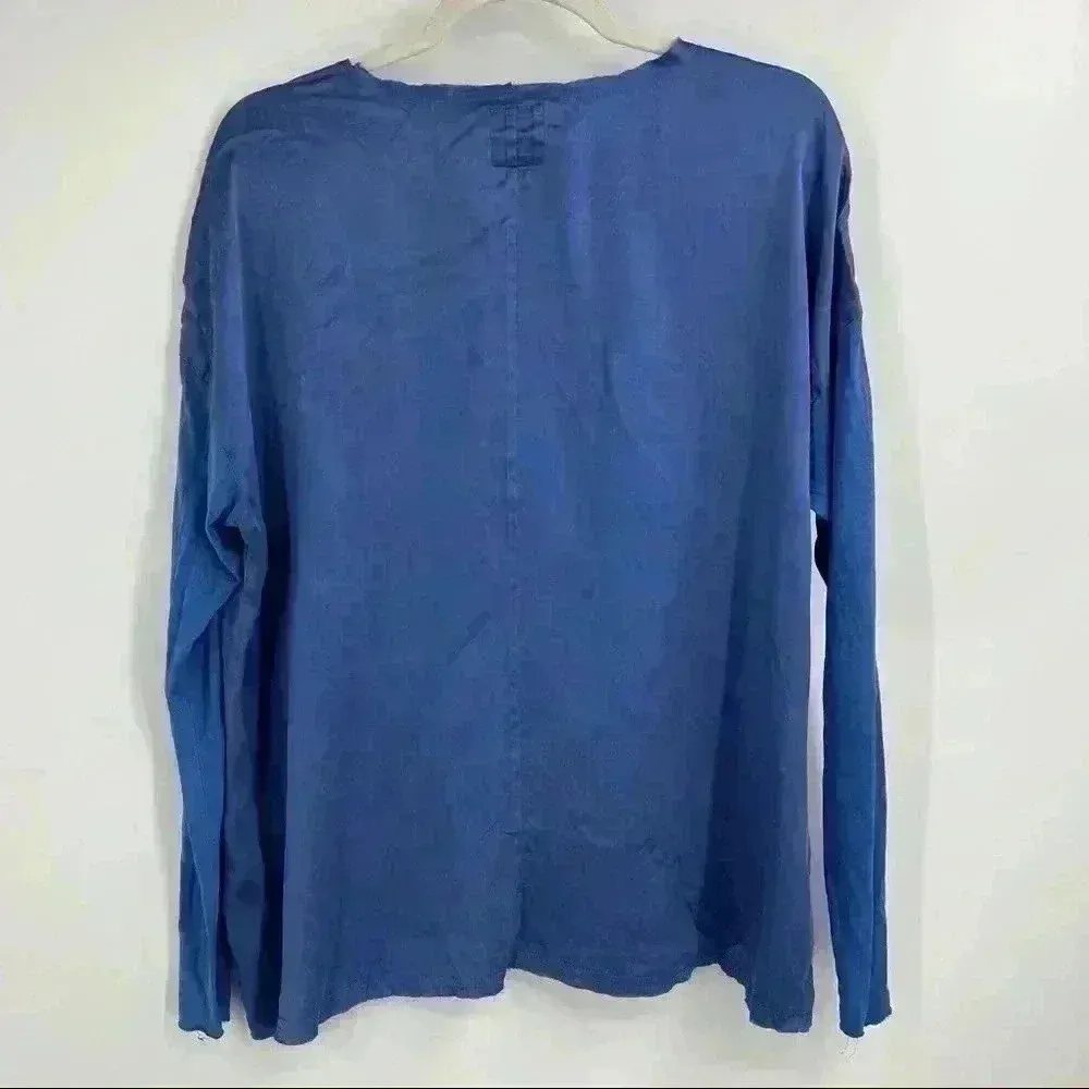 Go > By Go Silk Blue Silk Top W/ Linen Sleeves‎ And Raw Hem. Size Small - Image 7