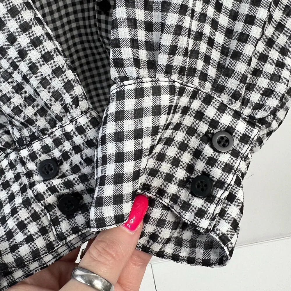 Torrid Women’s Plus 0X Blouse Gingham Ruffled Semi Sheer Black White Long Sleeve - Image 6