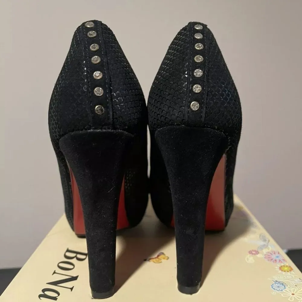 BONAVI Studded Platform Stiletto Pumps Heels Black Red bottoms Suede Shoes Sz 36 - Image 7