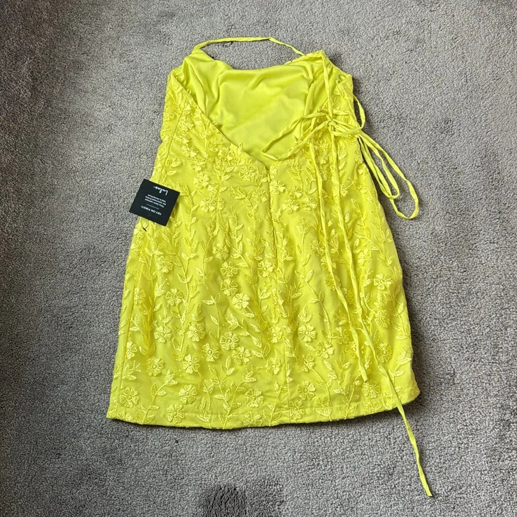Lulus Lively Sweetheart Yellow Mesh Embroidered Lace-Up Mini Dress SIZE M - Image 7