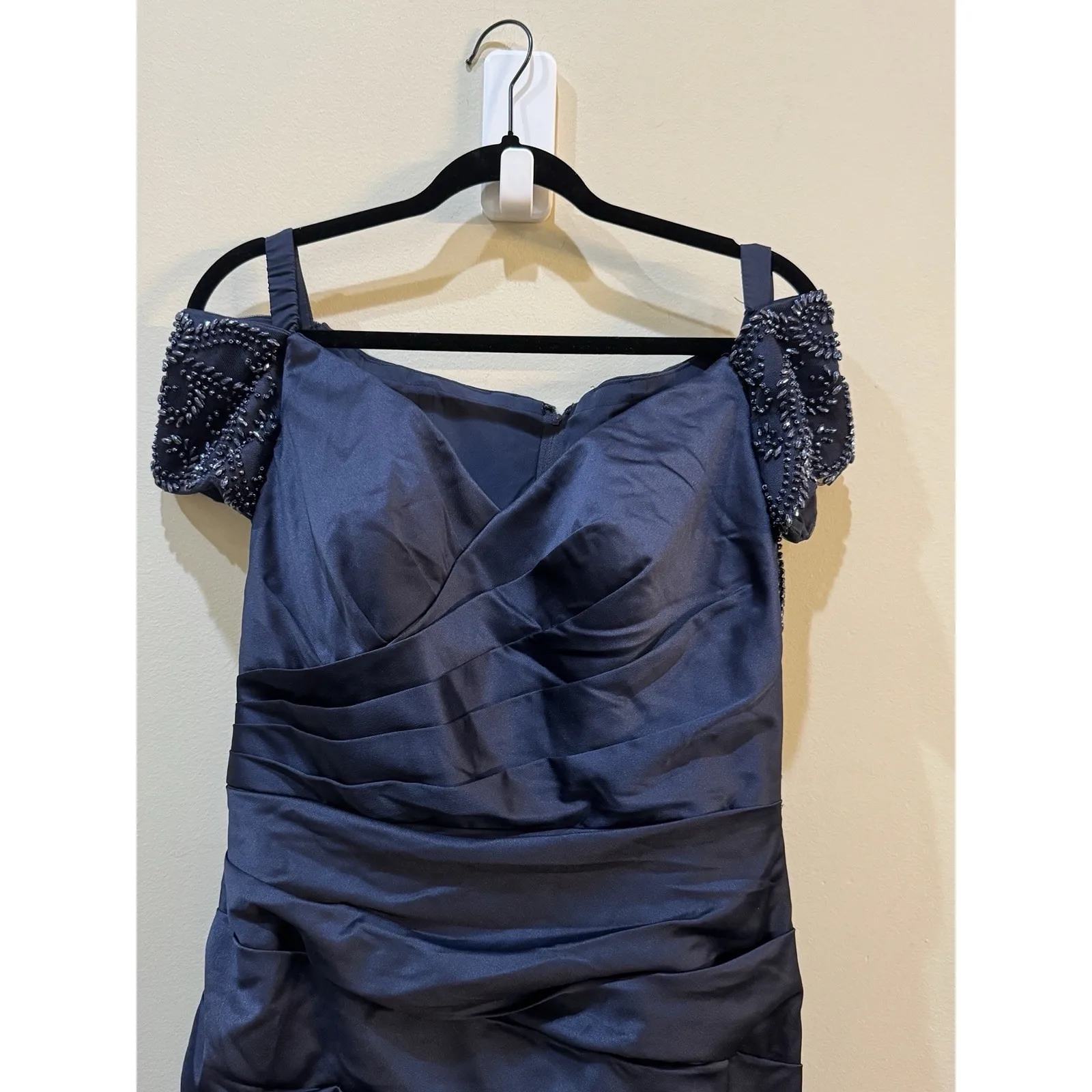 New La Femme Navy Beaded Off‎ the Shoulder Sweetheart Ruched Satin Mermaid Gown - Image 5