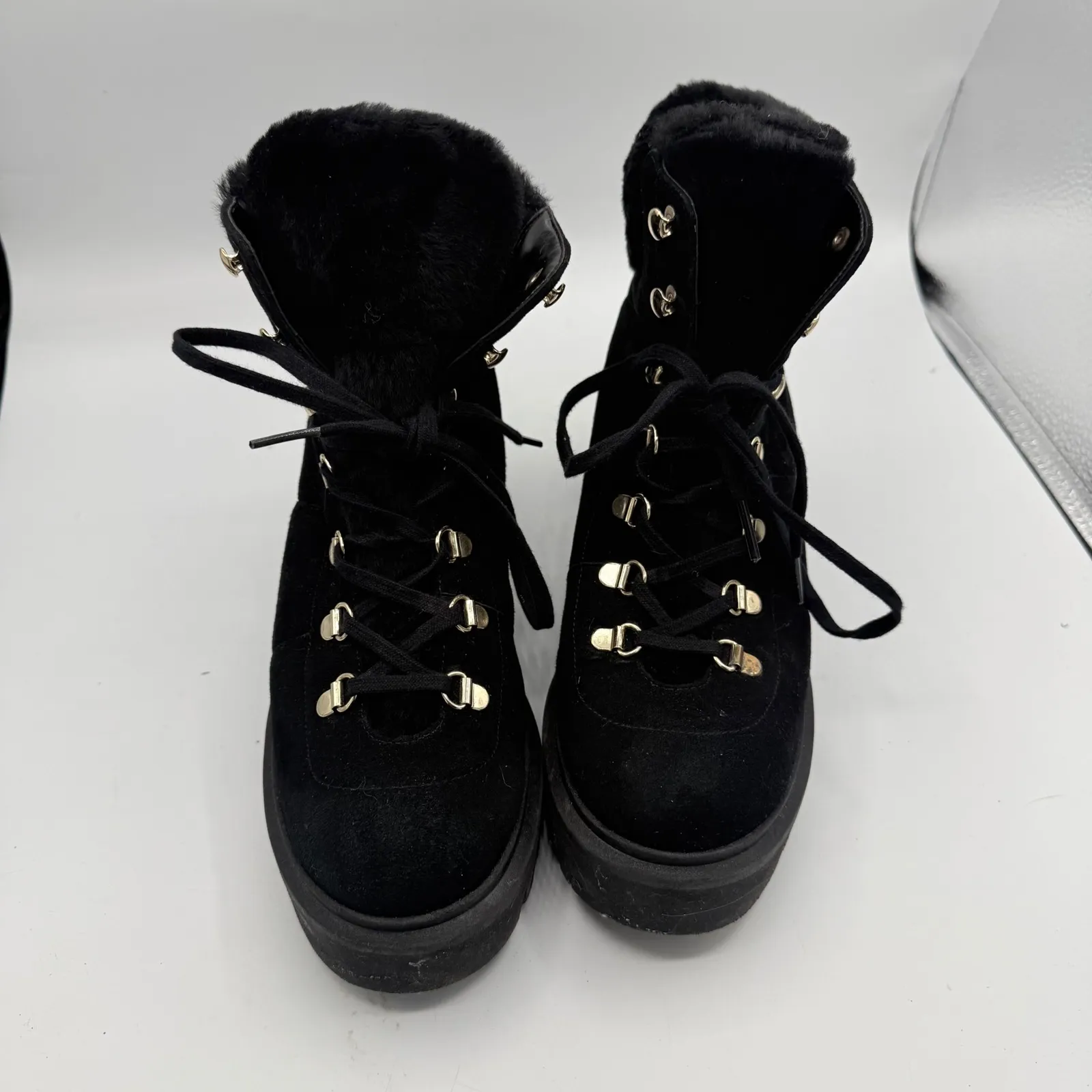 Stuart Weitzman Chalet Black Suede Faux Fur Lug Sole Combat Boots Size 7 Combat - Image 4