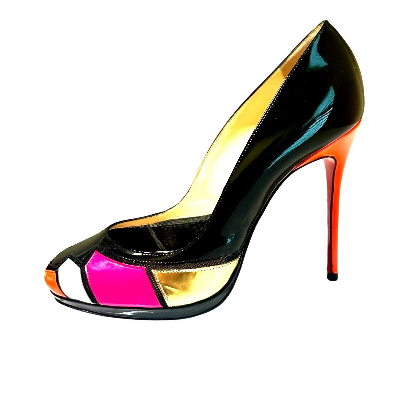 Christian Louboutin Astrogirl Patent Colorblock Heels Black Pink Gold 38 - Image 3