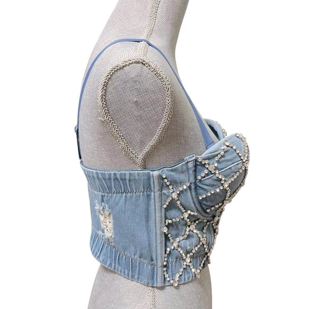 No.1 Los Angeles Rhinestones Crop Top L Denim Bustier Bralette Spaghetti Straps Blue Size L - Image 3